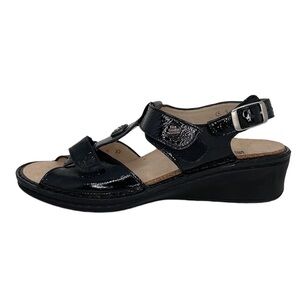 FINN COMFORT Sandals NWOT ADANA Patent Black Leather Wedge Heels Open Toe US 7.5
